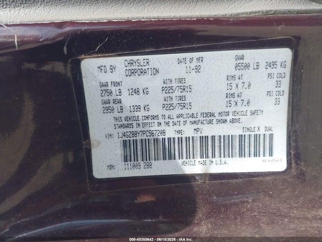 45385642 :رقم المزاد ، 1J4GZ88Y7PC567208 vin ، 1993 Jeep Grand Cherokee Sport مزاد بيع
