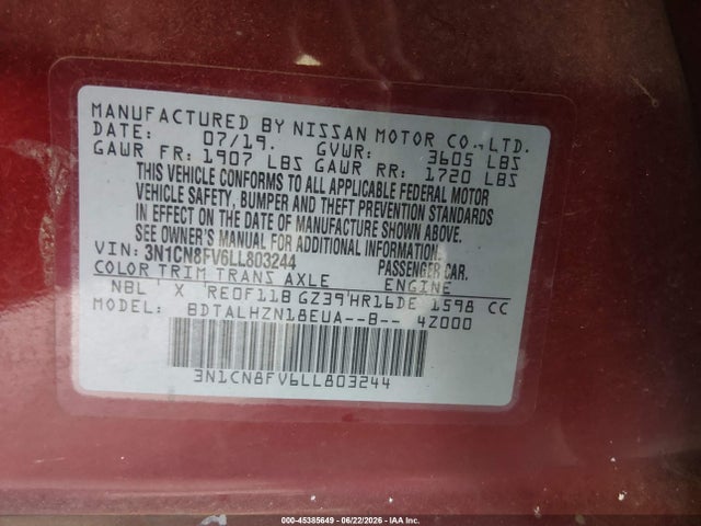 45385649 :رقم المزاد ، 3N1CN8FV6LL803244 vin ، 2020 Nissan Versa Sr Xtronic Cvt مزاد بيع