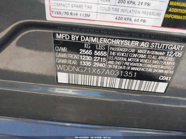 Aukcja sprzedaży 2007 Mercedes-benz S 550, vin: WDDNG71X67A031351, numer aukcji: 45385683