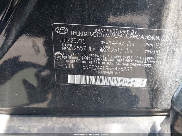 Aukcja sprzedaży 2017 Hyundai Sonata Se, vin: 5NPE24AF9HH478233, numer aukcji: 45385685