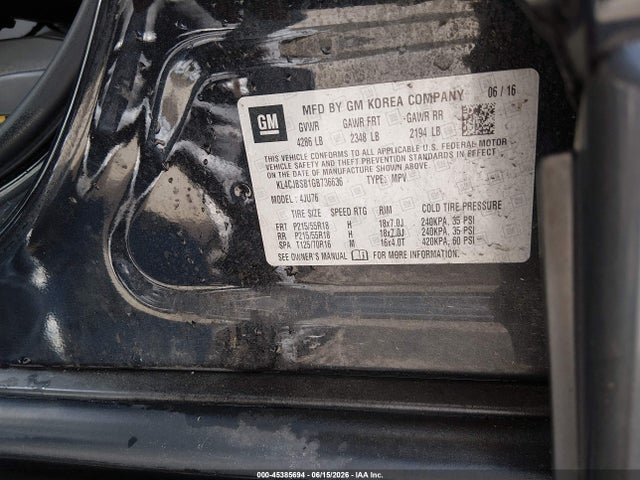 45385694 :رقم المزاد ، KL4CJBSB1GB736636 vin ، 2016 Buick Encore Convenience مزاد بيع