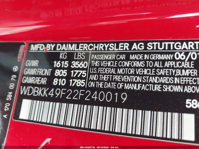 Aukcja sprzedaży 2002 Mercedes-benz Slk 230 Kompressor, vin: WDBKK49F22F240019, numer aukcji: 45385726