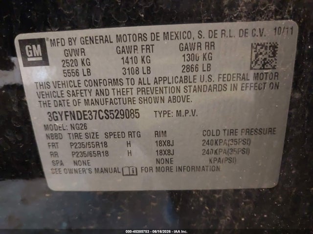 Aukcja sprzedaży 2012 Cadillac Srx Luxury Collection, vin: 3GYFNDE37CS529085, numer aukcji: 45385753