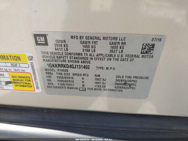 45385757 :رقم المزاد ، 1GKKRRKD4GJ131492 vin ، 2016 Gmc Acadia Slt-1 مزاد بيع