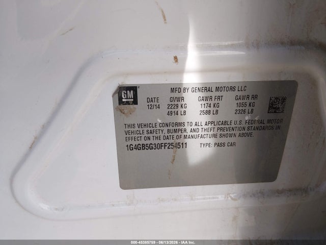 45385759 :رقم المزاد ، 1G4GB5G30FF254511 vin ، 2015 Buick Lacrosse Leather مزاد بيع