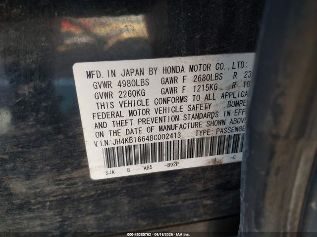 45385762 :رقم المزاد ، JH4KB16648C002413 vin ، 2008 Acura Rl 3.5 مزاد بيع