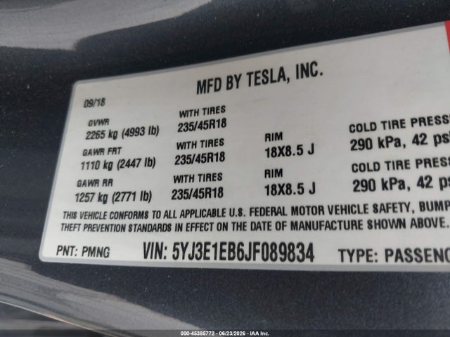 Tesla Model 3 Long Range/performance 2018 5YJ3E1EB6JF089834 Image 9