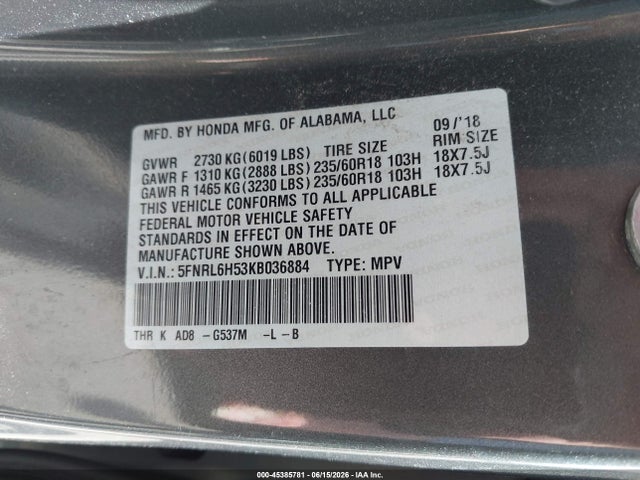 5FNRL6H53KB036884 Honda ODYSSEY EX