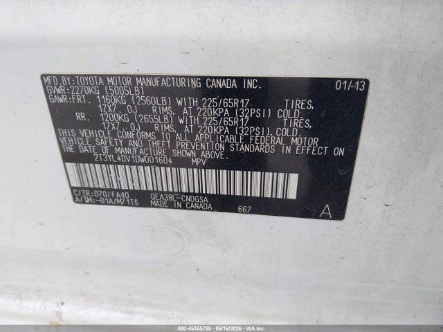 2013 Toyota Rav4 Ev მანქანა იყიდება აუქციონზე, vin: 2T3YL4DV1DW001604, აუქციონის ნომერი: 45385785