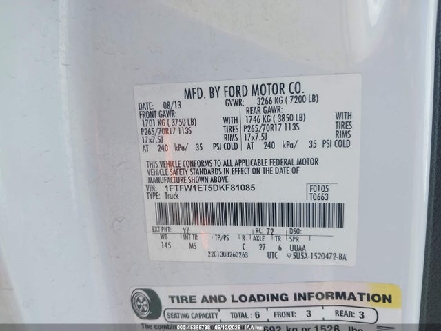 Продажа на аукционе авто 2013 Ford F-150 Xlt, vin: 1FTFW1ET5DKF81085, номер лота: 45385798