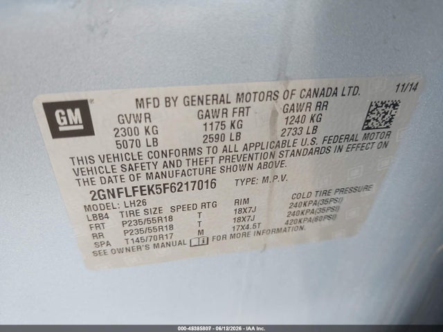 Aukcja sprzedaży 2015 Chevrolet Equinox 1lt, vin: 2GNFLFEK5F6217016, numer aukcji: 45385807