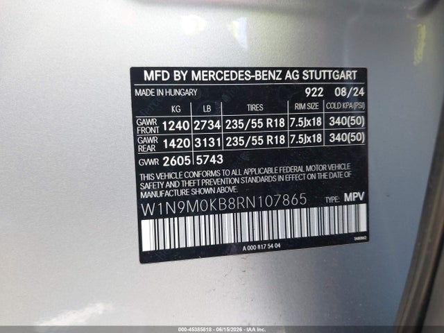 2024 Mercedes-benz Eqb 300 Suv 4matic მანქანა იყიდება აუქციონზე, vin: W1N9M0KB8RN107865, აუქციონის ნომერი: 45385818