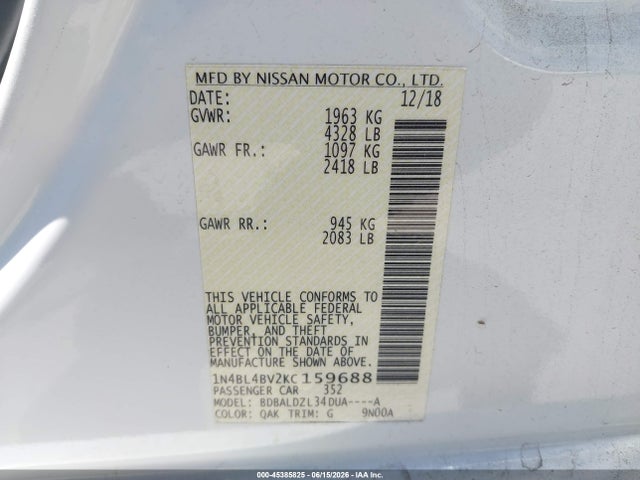 Продажа на аукционе авто 2019 Nissan Altima 2.5 S, vin: 1N4BL4BV2KC159688, номер лота: 45385825