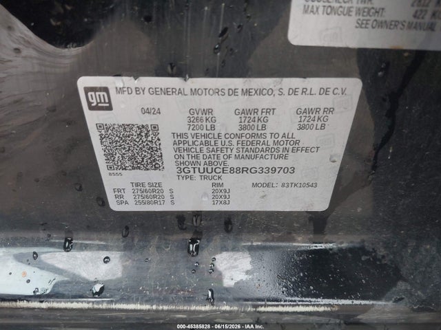 Продажа на аукционе авто 2024 Gmc Sierra 1500, vin: 3GTUUCE88RG339703, номер лота: 45385828
