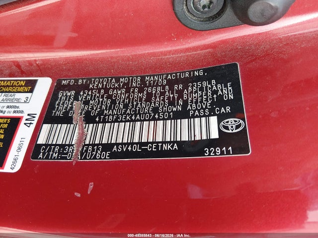 2010 Toyota Camry Le მანქანა იყიდება აუქციონზე, vin: 4T1BF3EK4AU074501, აუქციონის ნომერი: 45385843