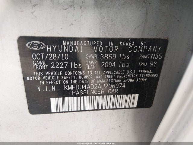 2010 Hyundai Elantra Gls მანქანა იყიდება აუქციონზე, vin: KMHDU4AD2AU206974, აუქციონის ნომერი: 45385852