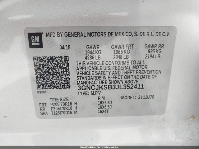 Chevrolet TRAX LS 2018 3GNCJKSB3JL352411 Image 9