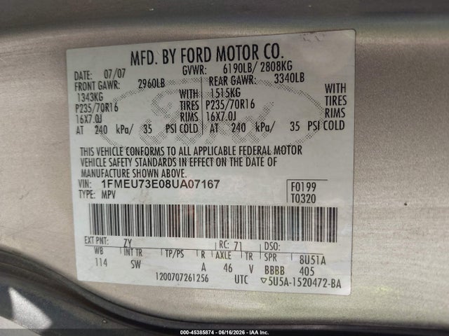 45385874 :رقم المزاد ، 1FMEU73E08UA07167 vin ، 2008 Ford Explorer Xlt مزاد بيع