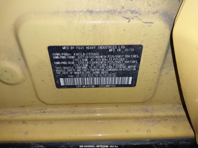 Aukcja sprzedaży 2015 Subaru Xv Crosstrek 2.0i Premium, vin: JF2GPADC9F8240406, numer aukcji: 45385883