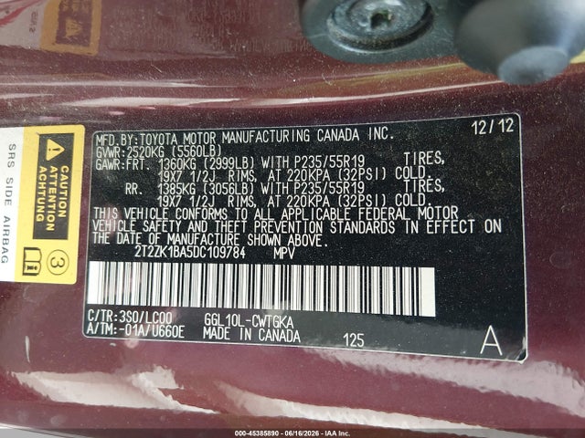 Auction sale of the 2013 Lexus Rx 350, vin: 2T2ZK1BA5DC109784, lot number: 45385890