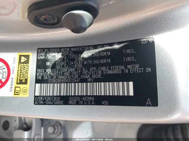 2017 Toyota Highlander Xle მანქანა იყიდება აუქციონზე, vin: 5TDKZRFH2HS512447, აუქციონის ნომერი: 45385891