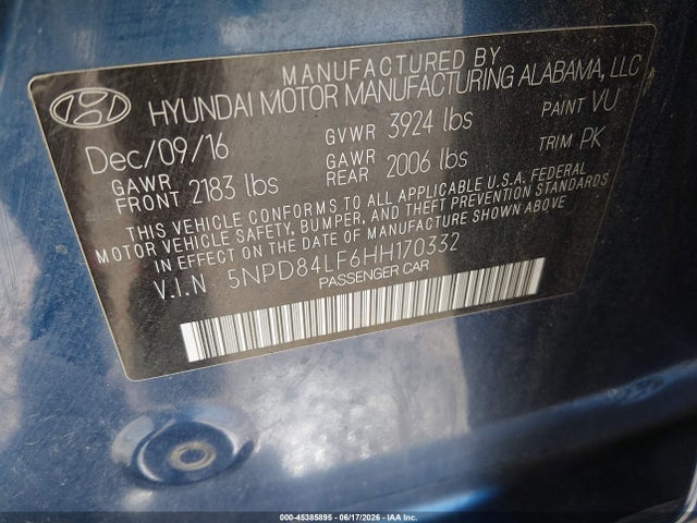 5NPD84LF6HH170332 Hyundai Elantra Limited
