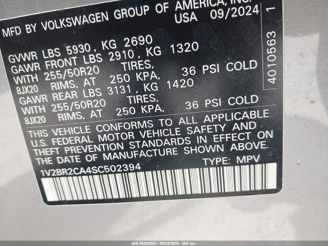2025 Volkswagen Atlas 2.0t Sel მანქანა იყიდება აუქციონზე, vin: 1V2BR2CA4SC502394, აუქციონის ნომერი: 45385903