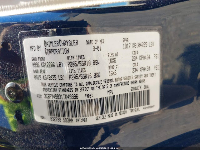 45385904 :رقم المزاد ، 3C8FY4BB31T649996 vin ، 2001 Chrysler Pt Cruiser مزاد بيع