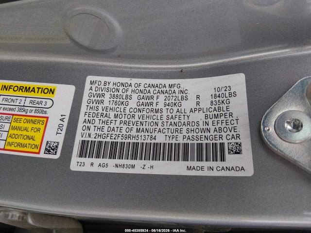 Продаж на аукціоні авто 2024 Honda Civic Sport, vin: 2HGFE2F59RH513784, номер лоту: 45385924