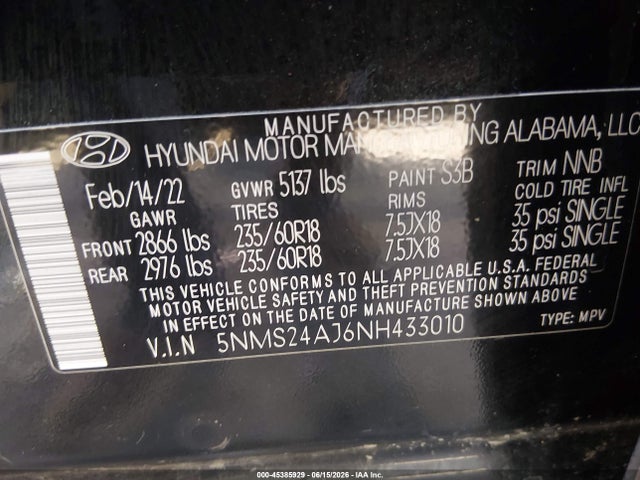Продаж на аукціоні авто 2022 Hyundai Santa Fe Sel, vin: 5NMS24AJ6NH433010, номер лоту: 45385929