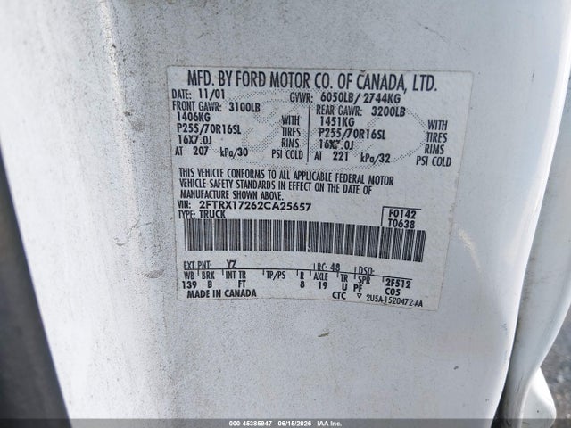 2002 Ford F-150 Xl/xlt მანქანა იყიდება აუქციონზე, vin: 2FTRX17262CA25657, აუქციონის ნომერი: 45385947