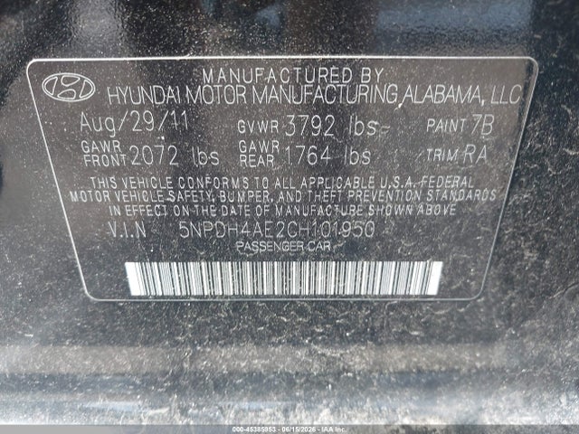 Aukcja sprzedaży 2012 Hyundai Elantra Limited, vin: 5NPDH4AE2CH101950, numer aukcji: 45385953