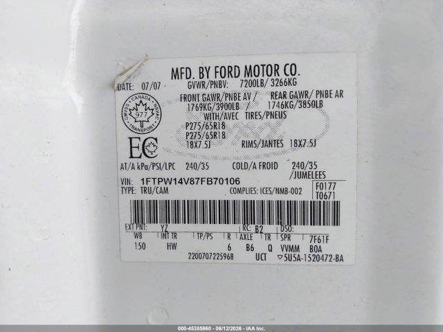 Aukcja sprzedaży 2007 Ford F-150, vin: 1FTPW14V87FB70106, numer aukcji: 45385960