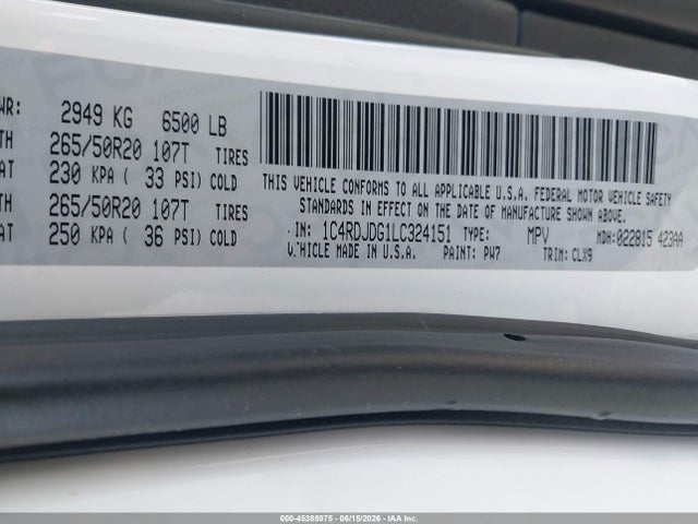 Продажа на аукционе авто 2020 Dodge Durango Gt Awd, vin: 1C4RDJDG1LC324151, номер лота: 45385975