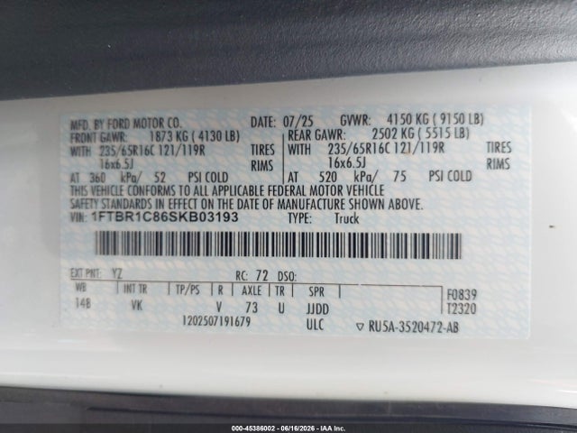 Продажа на аукционе авто 2025 Ford Transit-250, vin: 1FTBR1C86SKB03193, номер лота: 45386002