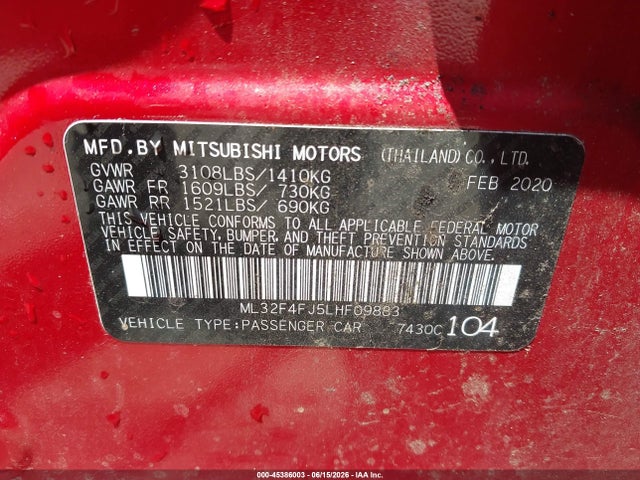 Продаж на аукціоні авто 2020 Mitsubishi Mirage G4, vin: ML32F4FJ5LHF09883, номер лоту: 45386003