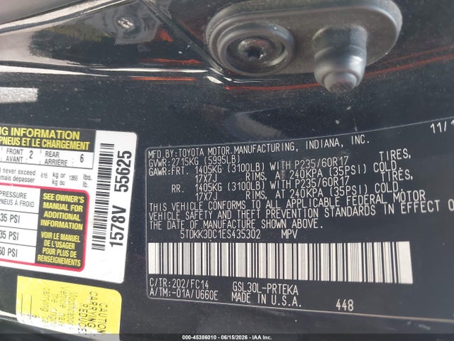 5TDKK3DC1ES435302 Toyota Sienna Le V6 8 Passenger