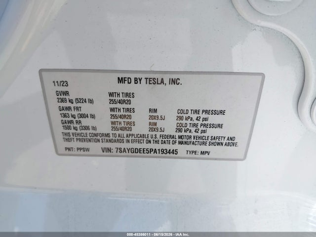 Продаж на аукціоні авто 2023 Tesla Model Y Awd/long Range Dual Motor All-wheel Drive, vin: 7SAYGDEE5PA193445, номер лоту: 45386011