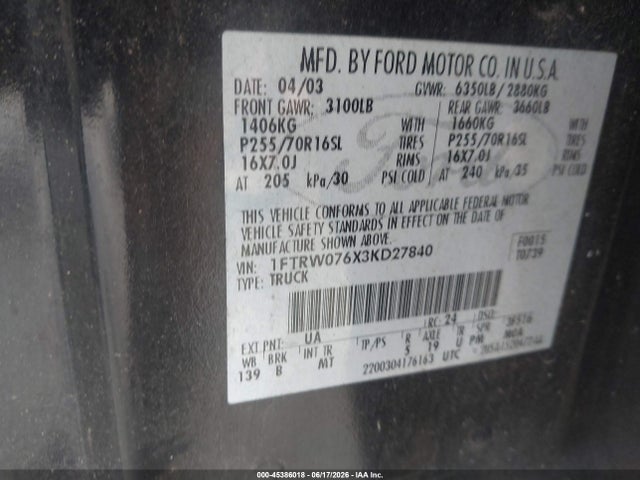 2003 Ford F-150 Lariat/xlt მანქანა იყიდება აუქციონზე, vin: 1FTRW076X3KD27840, აუქციონის ნომერი: 45386018