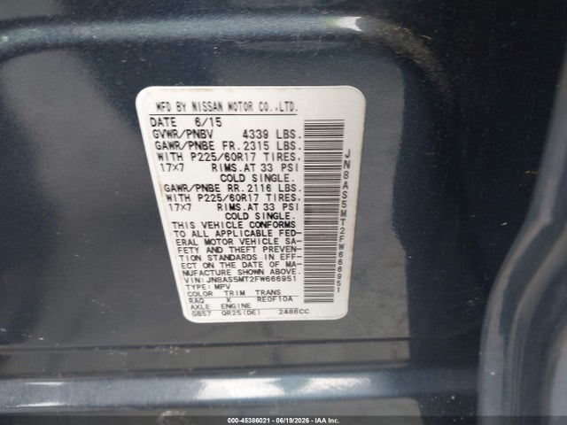 2015 Nissan Rogue Select S მანქანა იყიდება აუქციონზე, vin: JN8AS5MT2FW666951, აუქციონის ნომერი: 45386021