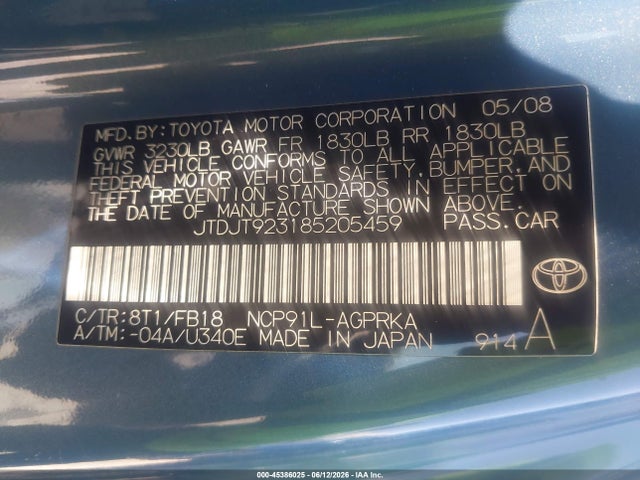 Aukcja sprzedaży 2008 Toyota Yaris, vin: JTDJT923185205459, numer aukcji: 45386025