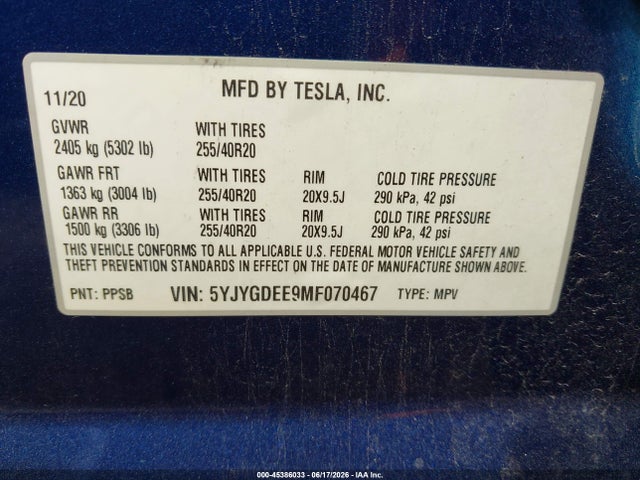 Продажа на аукционе авто 2021 Tesla Model Y Long Range Dual Motor All-wheel Drive, vin: 5YJYGDEE9MF070467, номер лота: 45386033