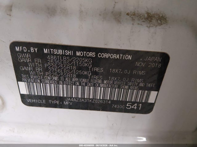 2019 Mitsubishi Outlander Es მანქანა იყიდება აუქციონზე, vin: JA4AZ3A31KZ026314, აუქციონის ნომერი: 45386059