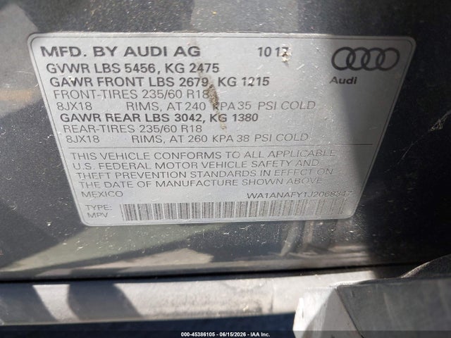 Aukcja sprzedaży 2018 Audi Q5 2.0t Premium/2.0t Tech Premium, vin: WA1ANAFY1J2068347, numer aukcji: 45386105