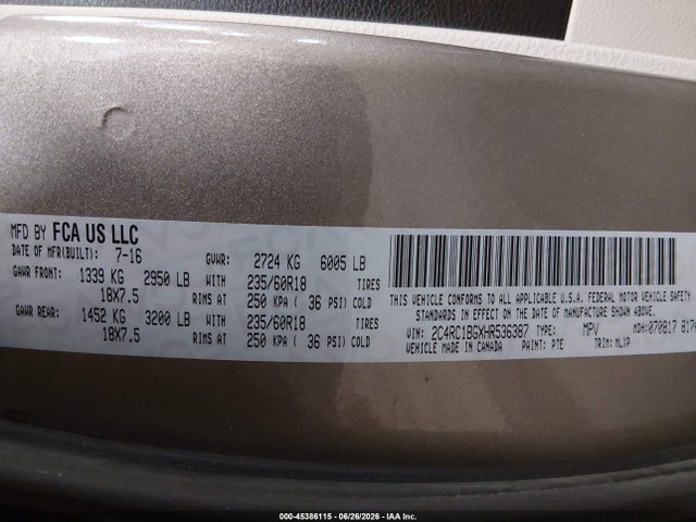 Продаж на аукціоні авто 2017 Chrysler Pacifica Touring-l, vin: 2C4RC1BGXHR536387, номер лоту: 45386115