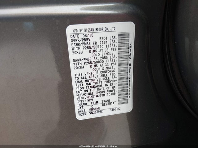 45386122 :رقم المزاد ، JN8AS1MU5BM110186 vin ، 2011 Infiniti Fx35 مزاد بيع