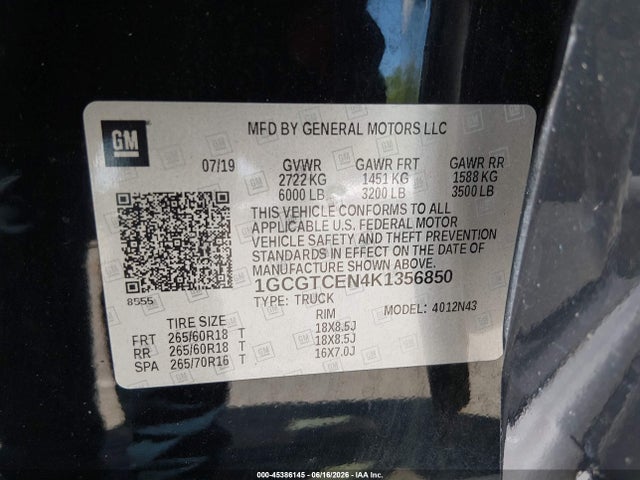 Auction sale of the 2019 Chevrolet Colorado Lt, vin: 1GCGTCEN4K1356850, lot number: 45386145