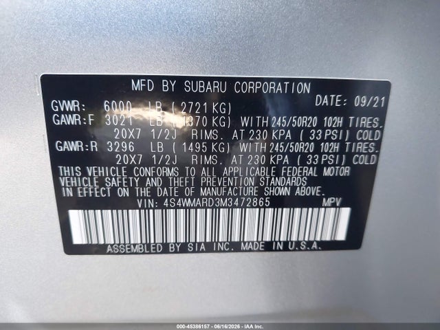 2021 Subaru Ascent Touring მანქანა იყიდება აუქციონზე, vin: 4S4WMARD3M3472865, აუქციონის ნომერი: 45386157