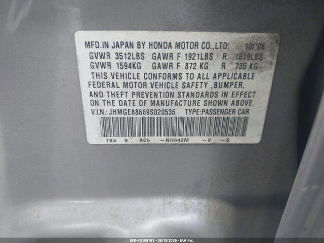 Продажа на аукционе авто 2009 Honda Fit Sport, vin: JHMGE88669S020535, номер лота: 45386161