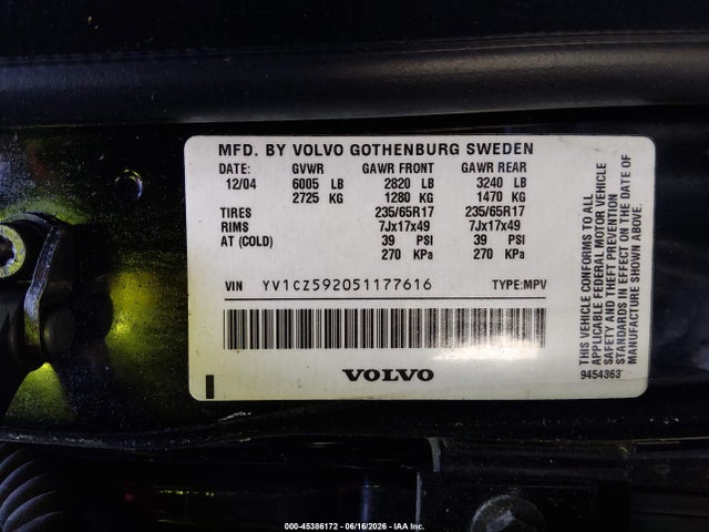 2005 Volvo Xc90 2.5t Awd მანქანა იყიდება აუქციონზე, vin: YV1CZ592051177616, აუქციონის ნომერი: 45386172